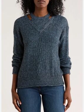 Democracy Cut Out tweed pointelle long sleeve sweater with rolled edges